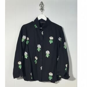 Nina McLemore · Size 6 · Embroidered Linen Mandarin Jacket · Black Floral